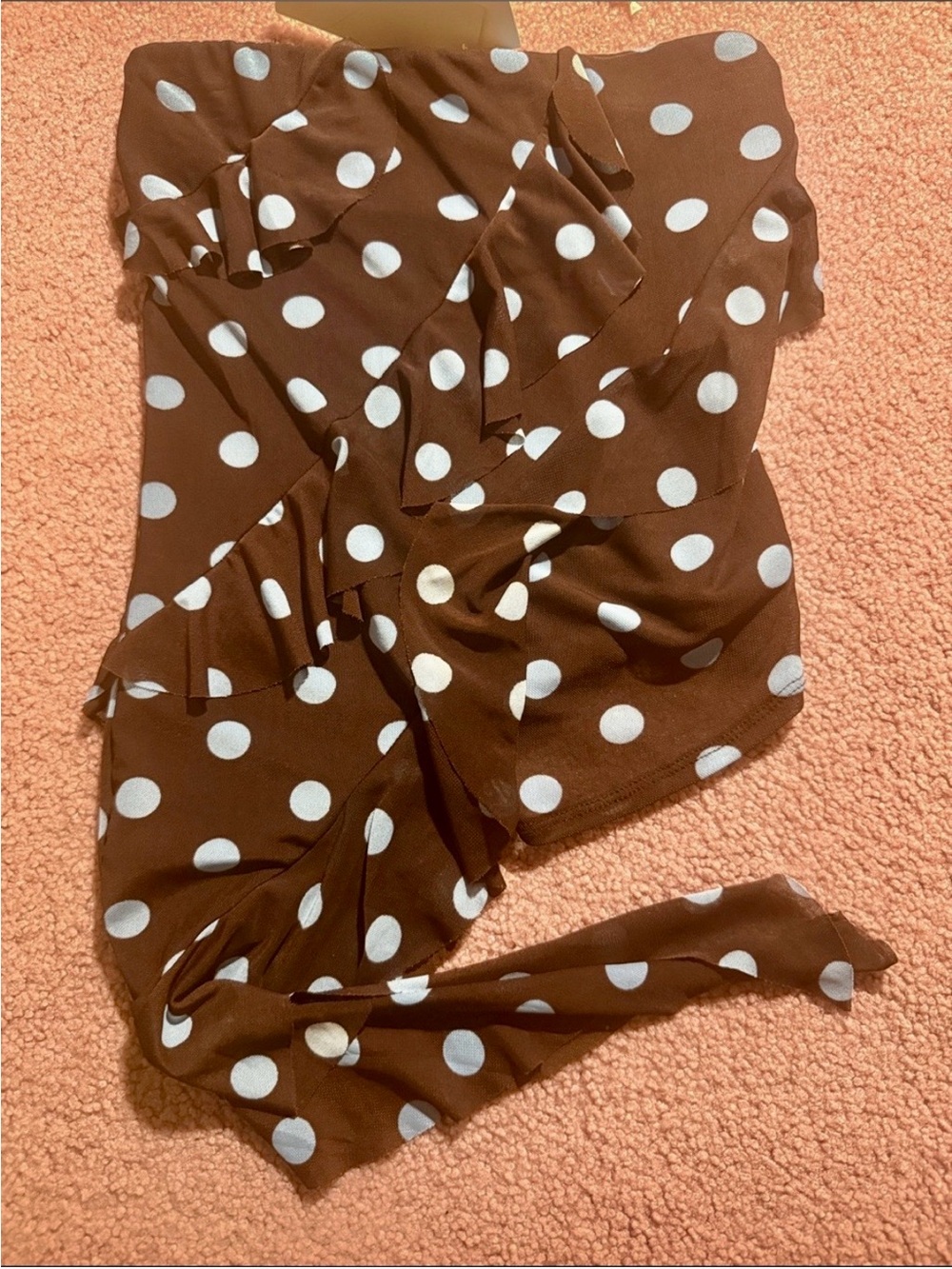 Polka Dot Brown Crop Top with Light Blue Dots Strapless Ruffles Y2K